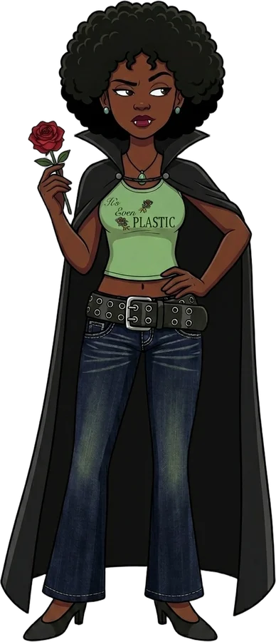 Bloom dressed as a vampire, wearing her 2000T tank