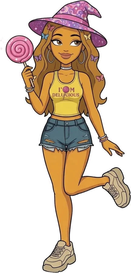 Candy dressed as a candy witch, wearing her 2000T tank