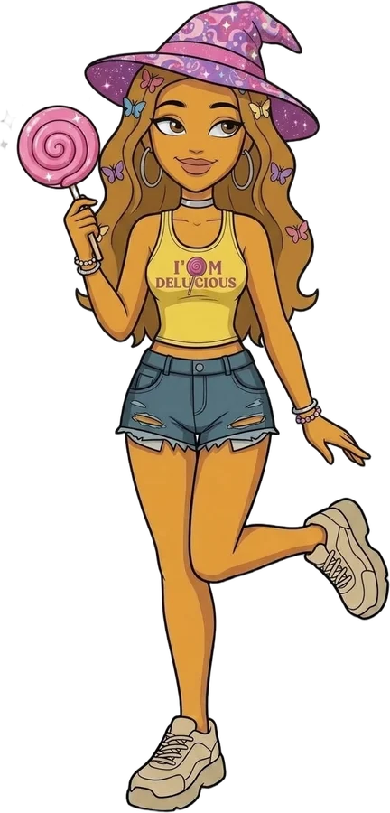 Candy dressed as a candy witch, wearing her 2000T tank