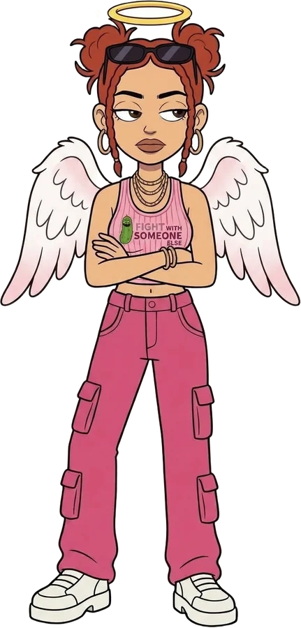 Pickle dressed as an angel with a halo and wings, wearing her 2000T tank