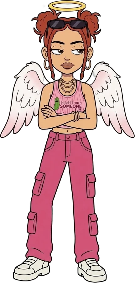 Pickle dressed as an angel with a halo and wings, wearing her 2000T tank