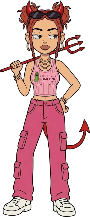 Pickle dressed as a little devil, wearing her 2000T tank