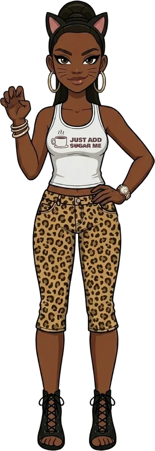 Sugar dressed as a black cat, wearing her 2000T tank