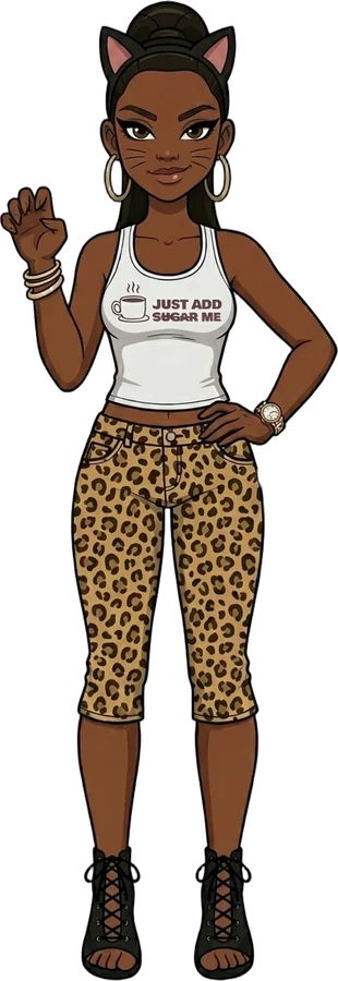 Sugar dressed as a black cat, wearing her 2000T tank